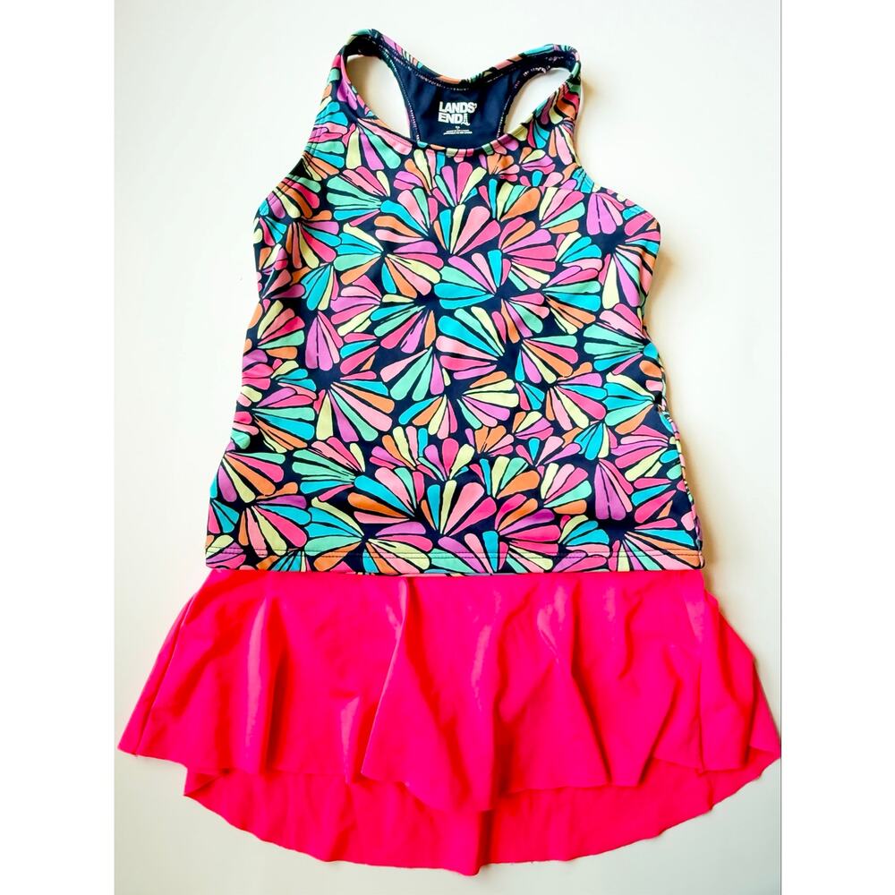 Lands' End Girl's 2-Piece Tankini Set Fan Shell Print & Pink Swim Skirt 7/8